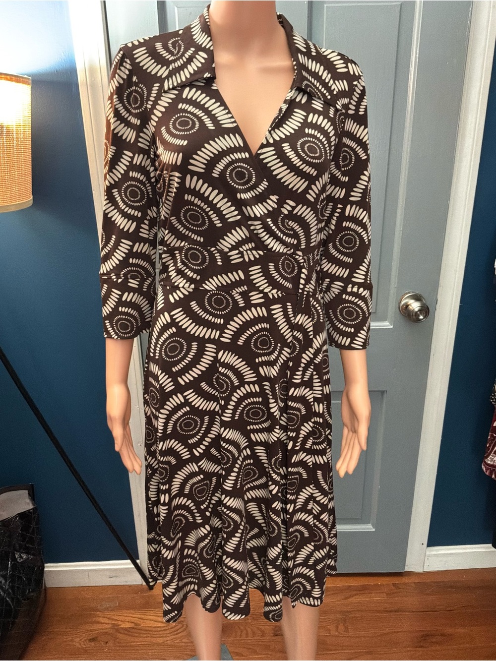 Black & White Geometric Wrap-Style Midi Dress